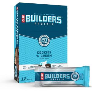 image:imageCLIF BUILDERS Protein Bars  Cookies n Cream Flavor  20g Plant Based Protein  Gluten Free  NonGMO  Low Glycemic  No Artificial Sweeteners  24 oz 12 PackCookies And Cream