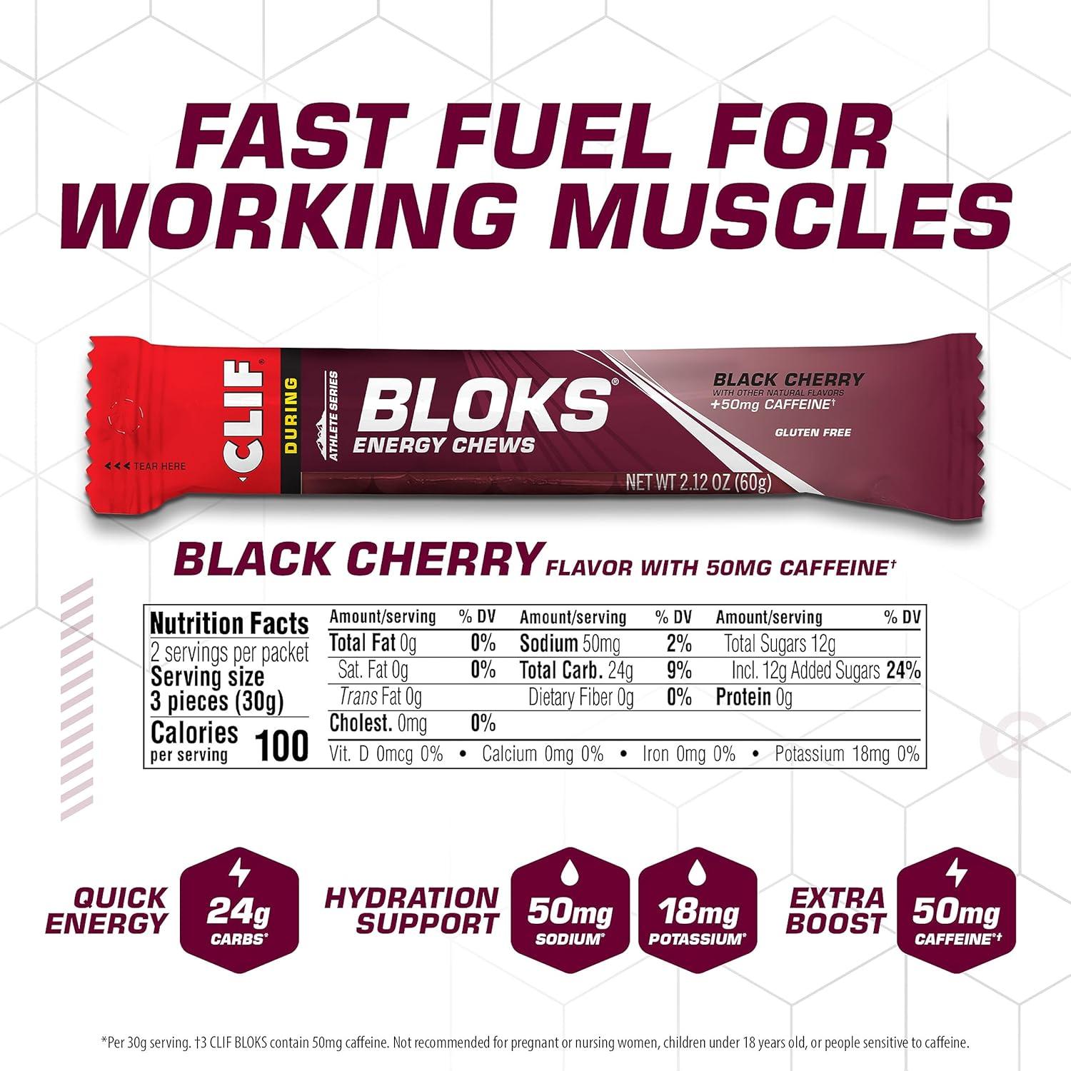 image:imageCLIF BLOKS Black Cherry Flavor with Caffeine Energy Chews NonGMO Plant Based Fast Fuel for Cycling and Running Quick Carbohydrates and Electrolytes 212 oz 18 Count