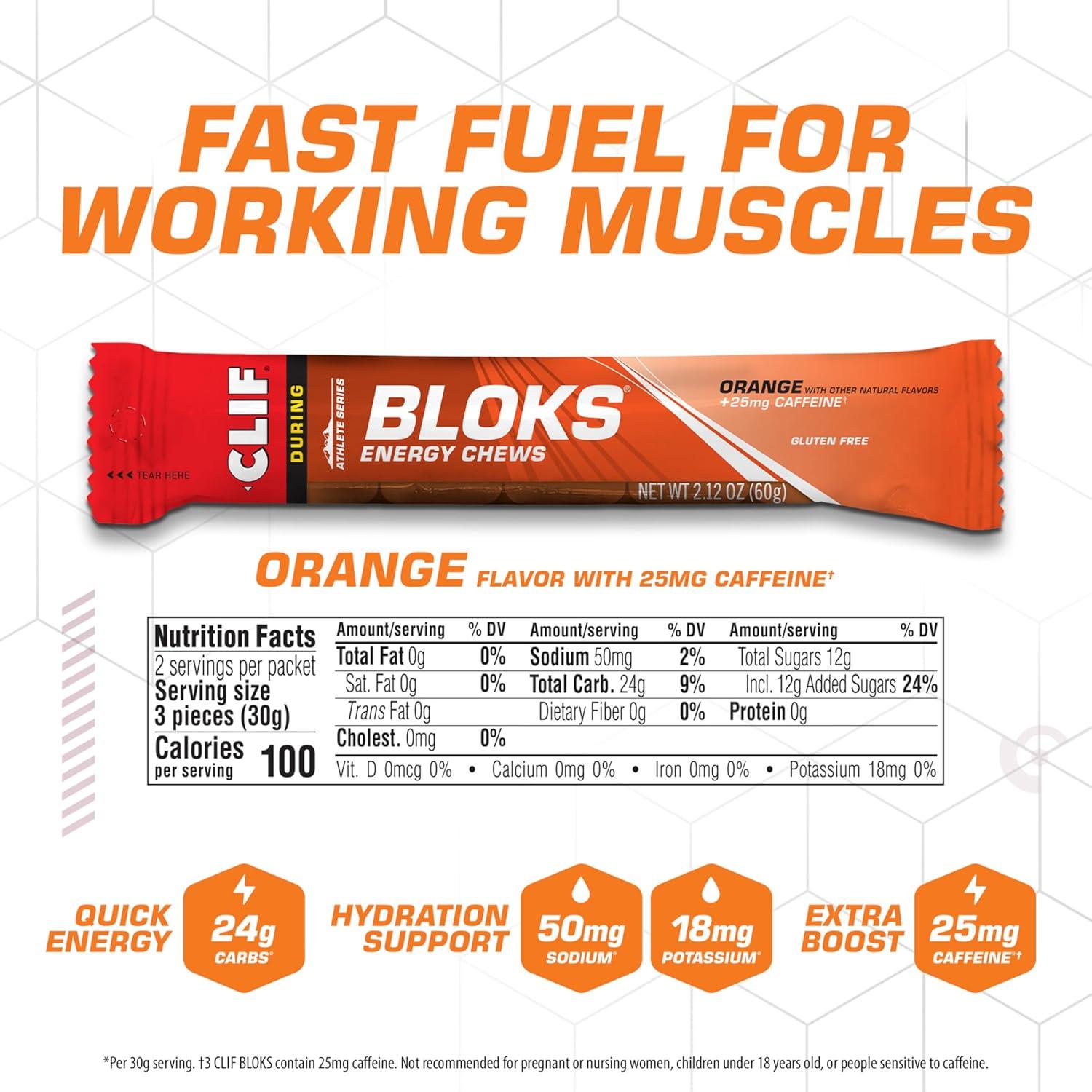 image:imageCLIF BLOKS Orange Flavor with Caffeine Energy Chews NonGMO Plant Based Fast Fuel for Cycling and Running Quick Carbohydrates and Electrolytes 212 oz 18 Count18 Count Pack of 2