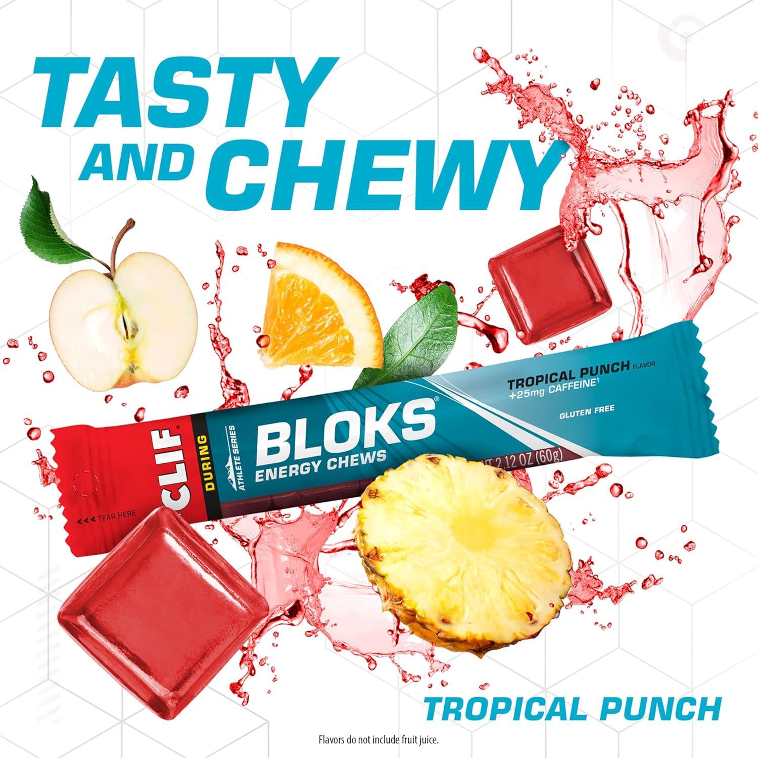 image:imageCLIF BLOKS Tropical Punch Flavor with Caffeine Energy Chews NonGMO Plant Based Fast Fuel for Cycling and Running Quick Carbohydrates and Electrolytes 212 oz 18 Count