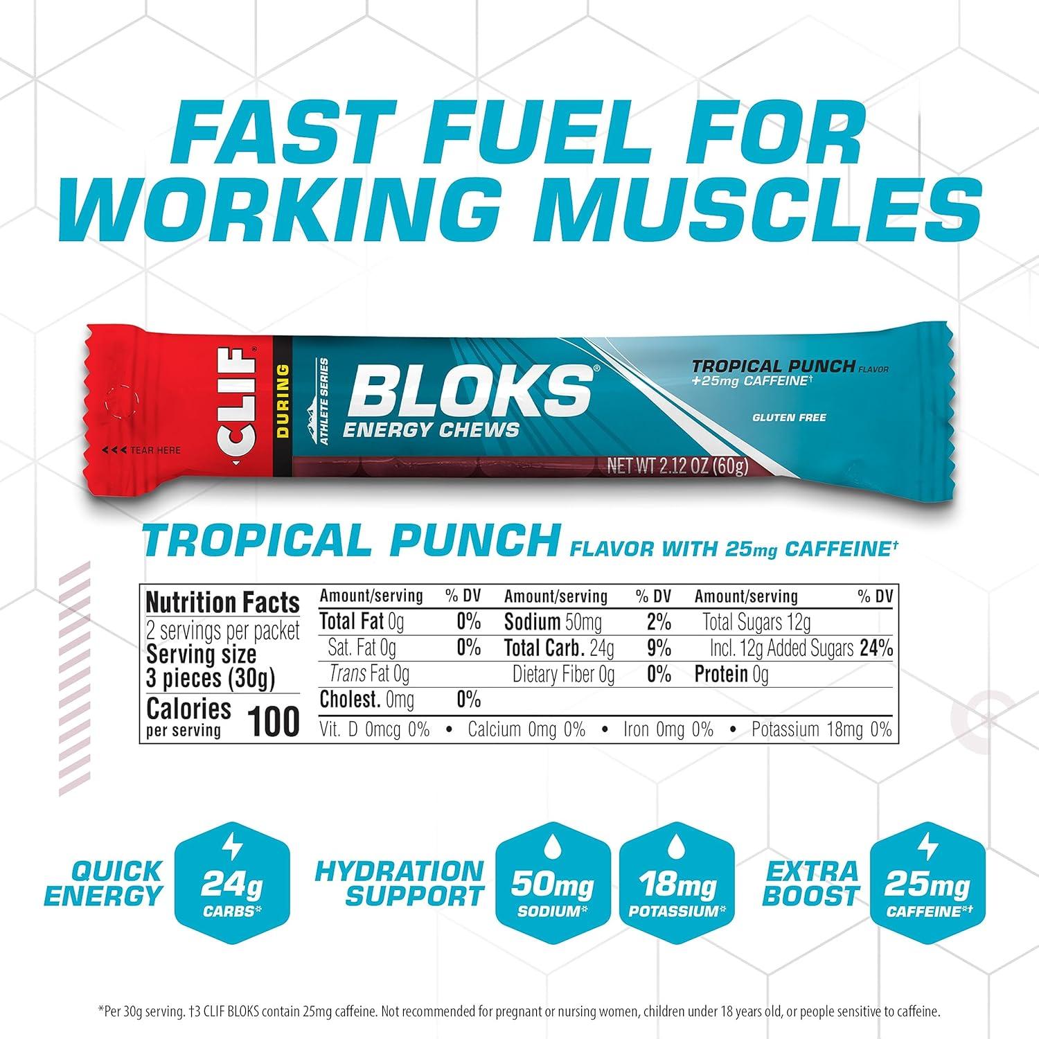image:imageCLIF BLOKS Tropical Punch Flavor with Caffeine Energy Chews NonGMO Plant Based Fast Fuel for Cycling and Running Quick Carbohydrates and Electrolytes 212 oz 18 Count