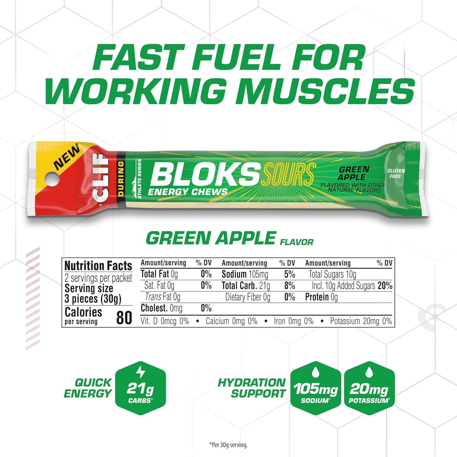 image:imageClif Bloks Sours Green Apple Flavor Energy Chews NonGMO Plant Based Fast Fuel for Cycling and Running Quick Carbohydrates and Electrolytes 212 oz 18 Count