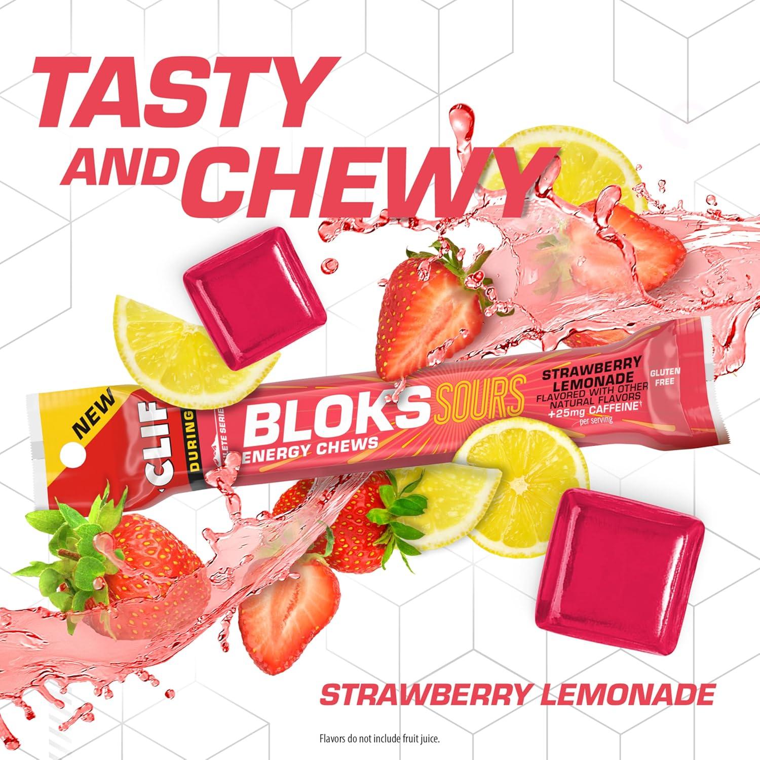 image:imageClif Bloks Sours Strawberry Lemonade Flavor with Caffeine Energy Chews NonGMO Plant Based Fast Fuel for Cycling and Running Quick Carbohydrates and Electrolytes 212 oz 18 Count