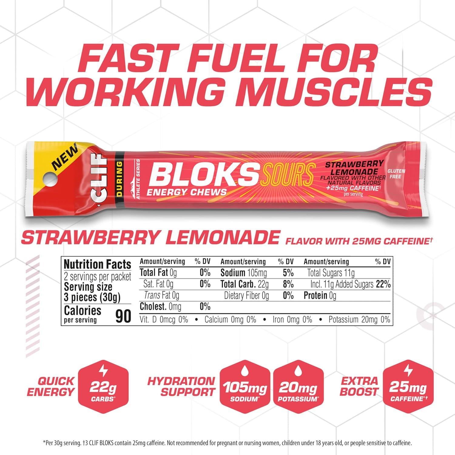 image:imageClif Bloks Sours Strawberry Lemonade Flavor with Caffeine Energy Chews NonGMO Plant Based Fast Fuel for Cycling and Running Quick Carbohydrates and Electrolytes 212 oz 18 Count