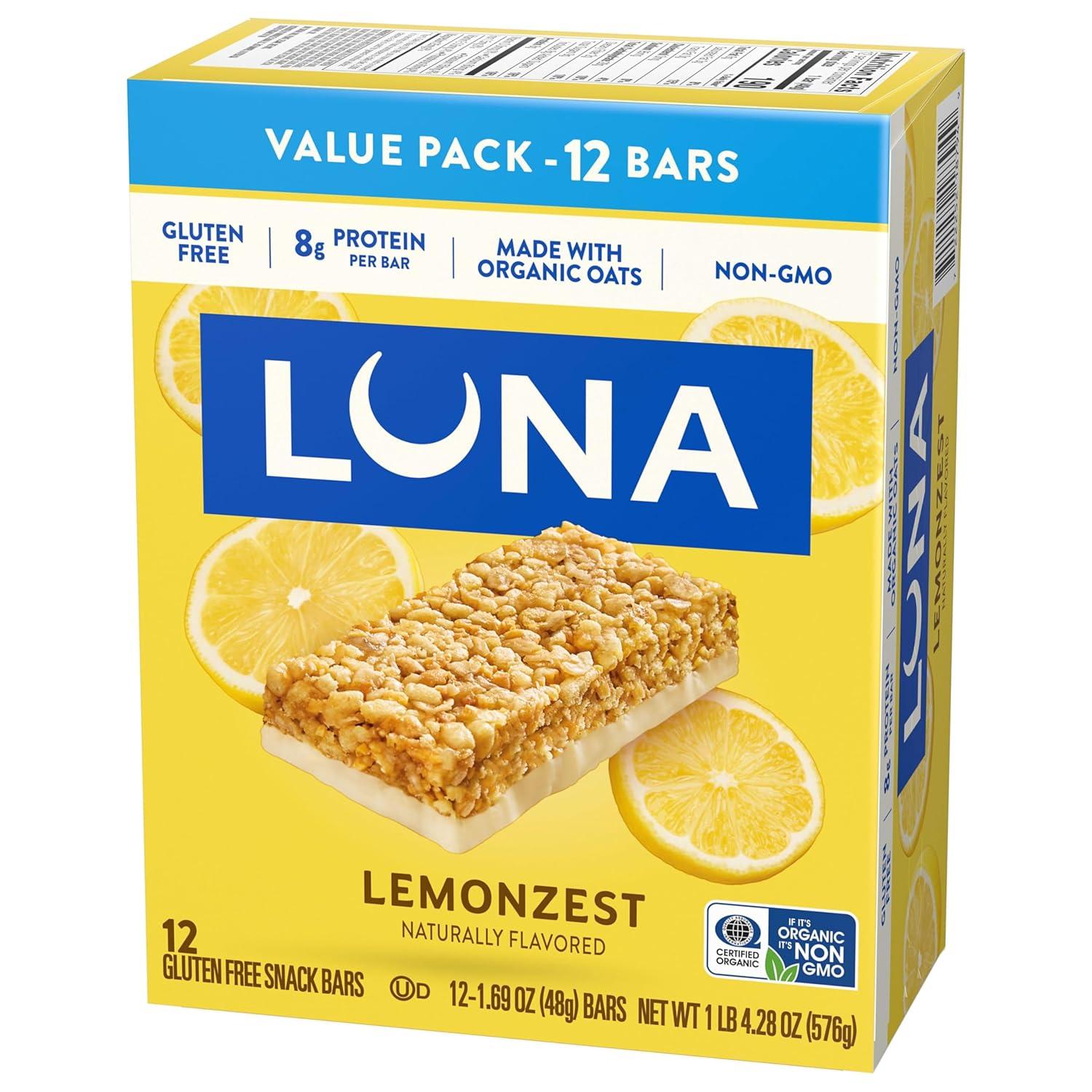 image:imageLUNA Bar LemonZest Flavor Gluten Free Snack Bars NonGMO Protein Bars Made with Organic Oats Value Pack 12 PackLemon Zest 12ct