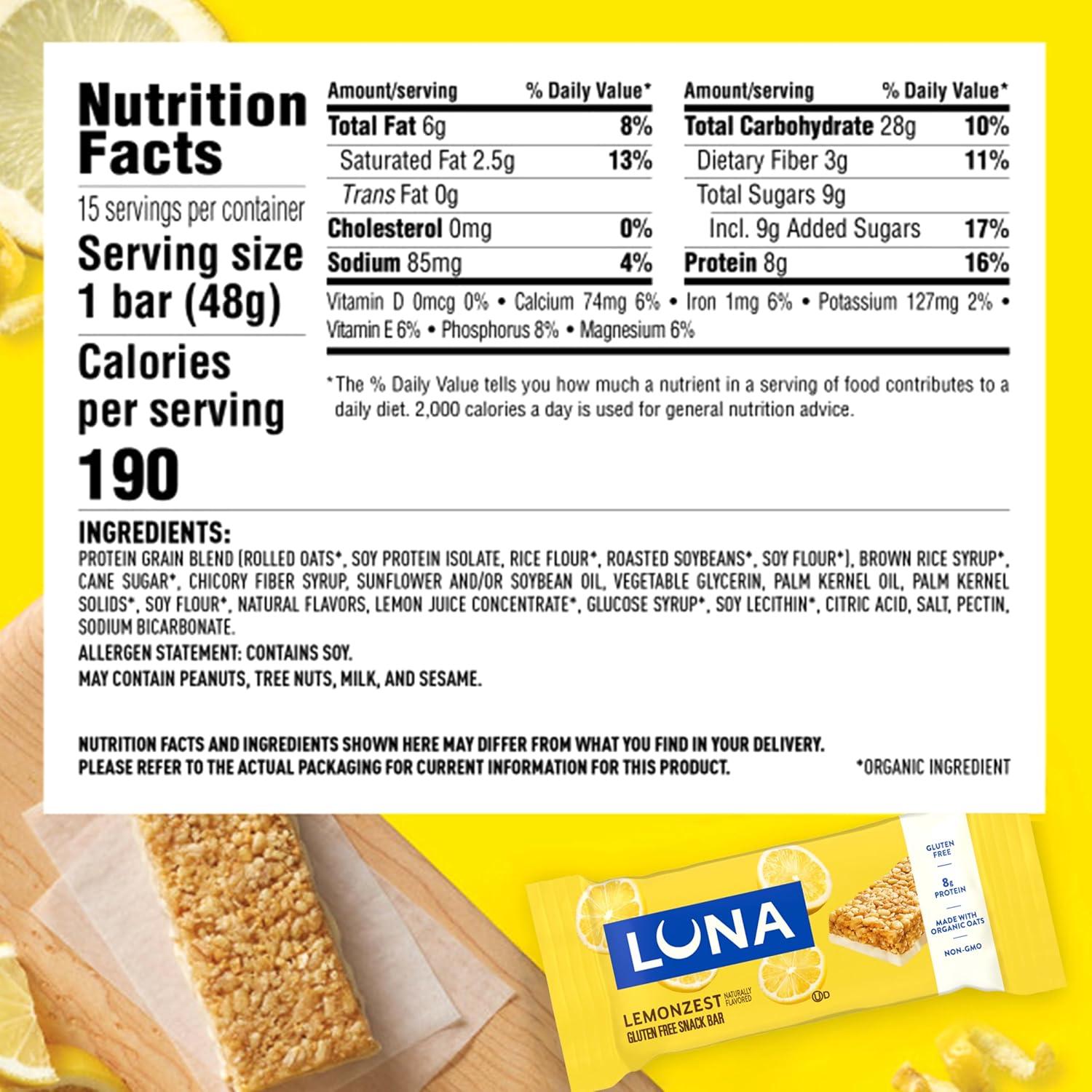 image:imageLUNA Bar LemonZest Flavor Gluten Free Snack Bars NonGMO Protein Bars Made with Organic Oats Value Pack 12 PackLemon Zest 12ct
