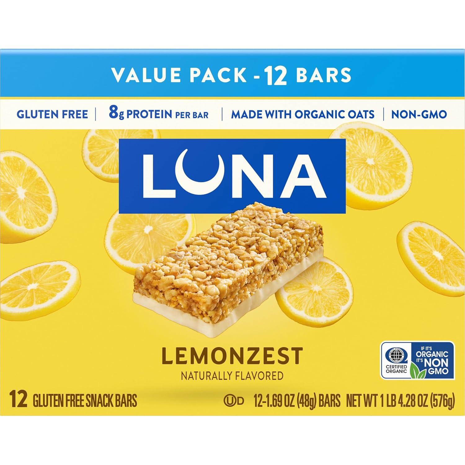 image:imageLUNA Bar LemonZest Flavor Gluten Free Snack Bars NonGMO Protein Bars Made with Organic Oats Value Pack 12 PackLemon Zest 12ct