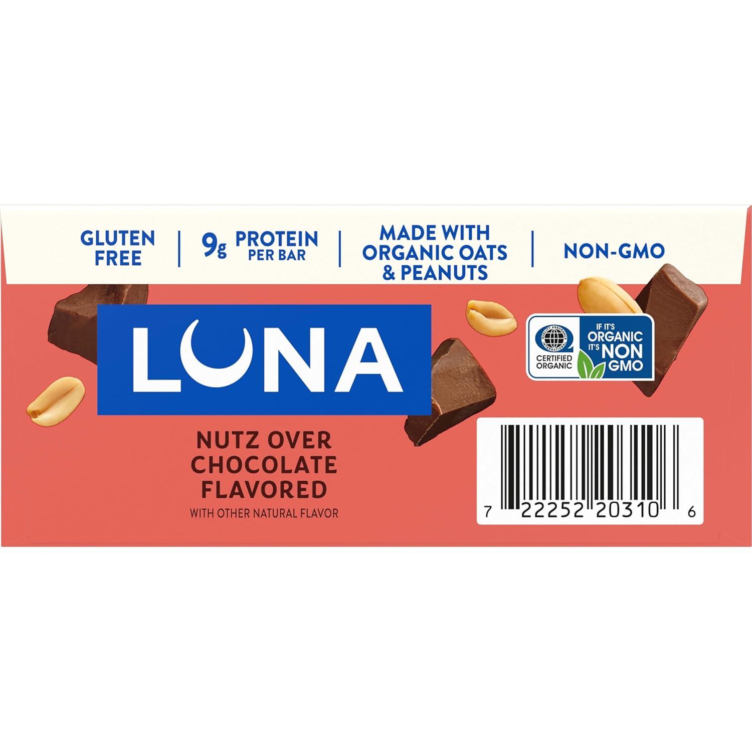 image:imageLUNA Bar Nutz Over Chocolate Flavor GlutenFree NonGMO 79g Protein Made with Organic Oats Low Glycemic Whole Nutrition Snack Bars 169 oz 15 Count15 Count Pack of 1