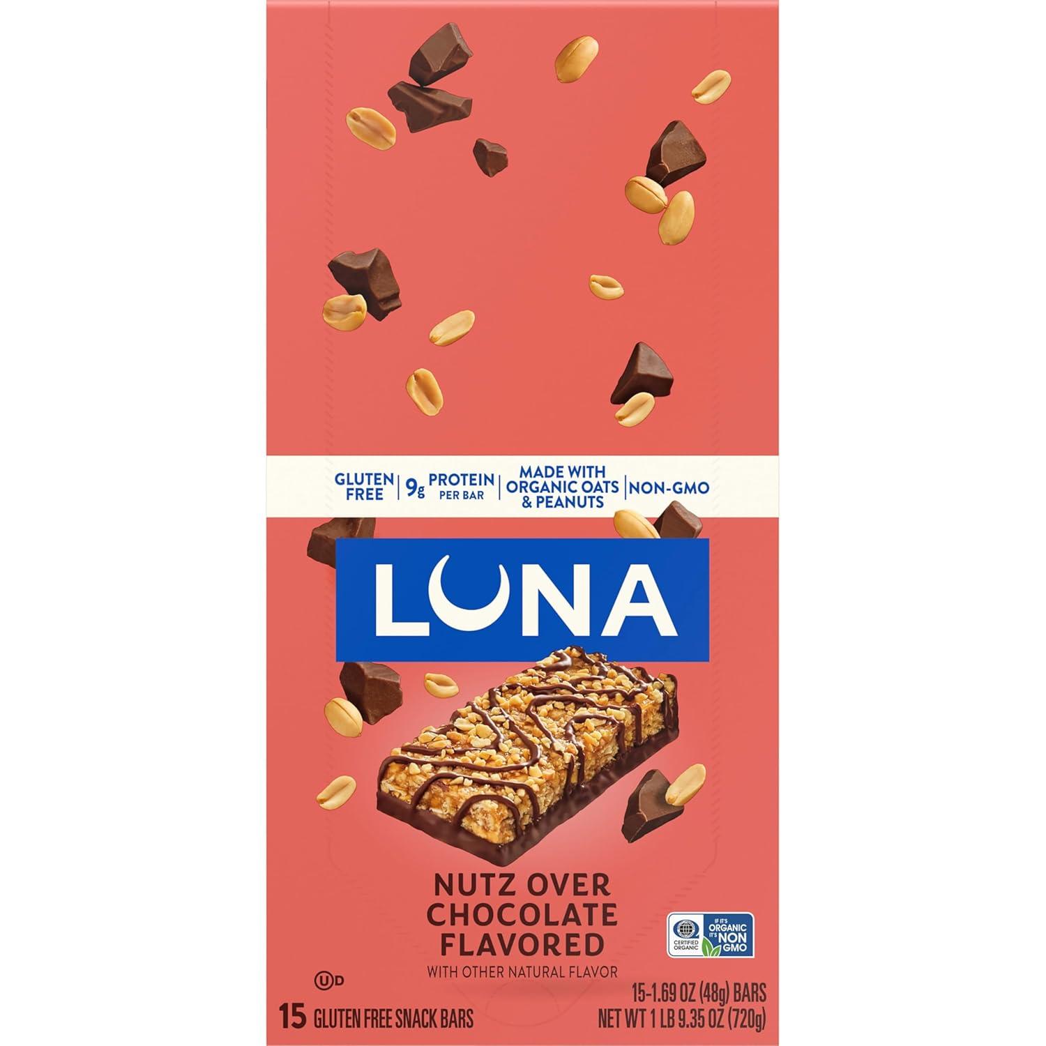 image:imageLUNA Bar Nutz Over Chocolate Flavor GlutenFree NonGMO 79g Protein Made with Organic Oats Low Glycemic Whole Nutrition Snack Bars 169 oz 15 Count15 Count Pack of 1