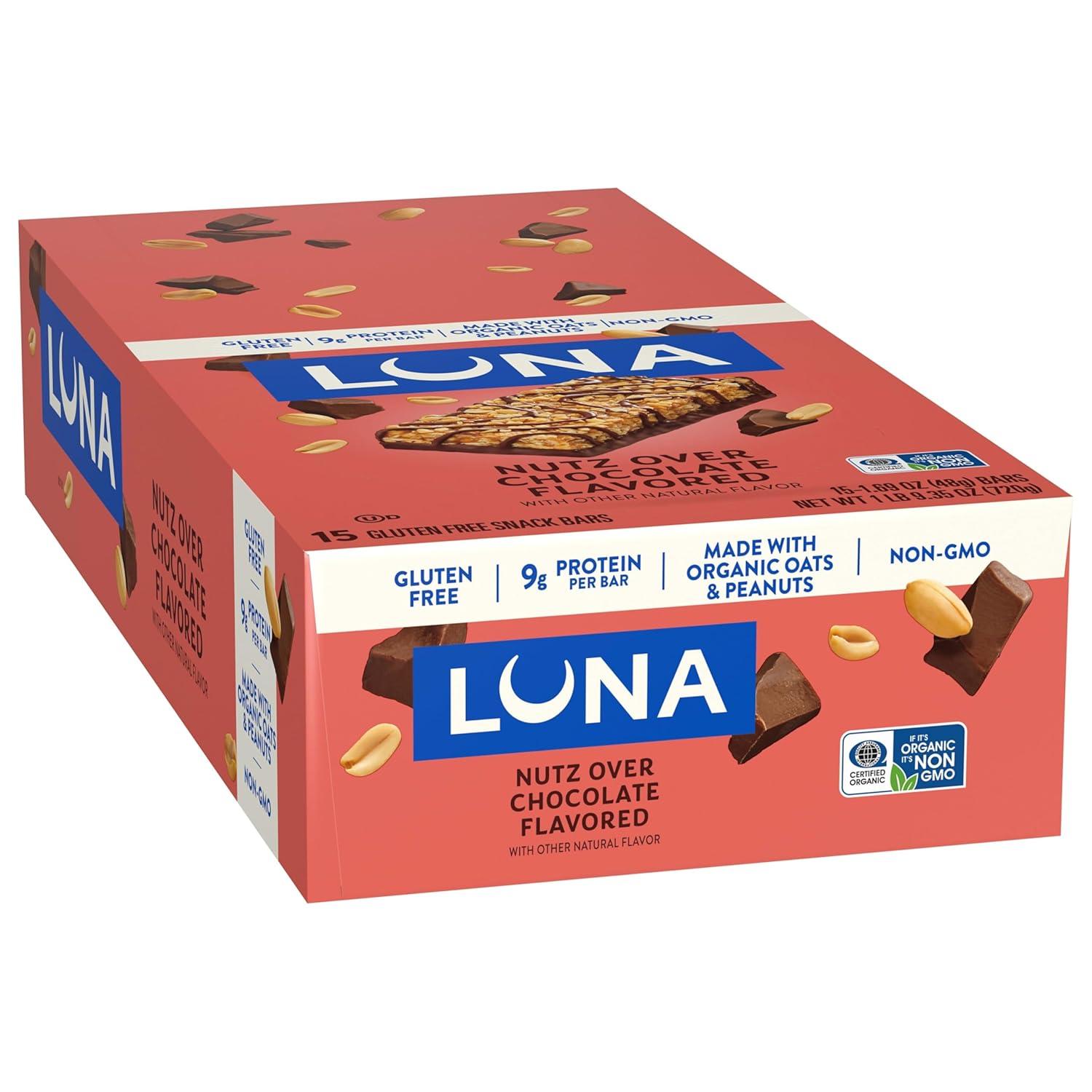 image:imageLUNA Bar Nutz Over Chocolate Flavor GlutenFree NonGMO 79g Protein Made with Organic Oats Low Glycemic Whole Nutrition Snack Bars 169 oz 15 Count15 Count Pack of 1