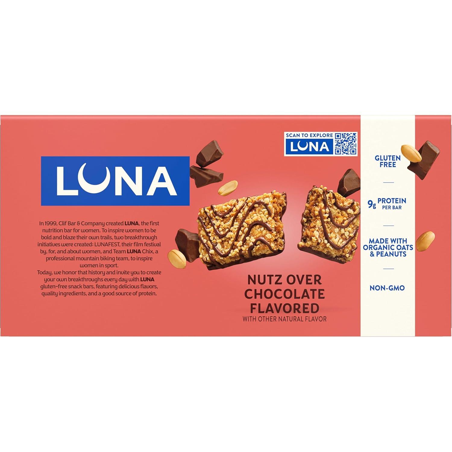 image:imageLUNA Bar Nutz Over Chocolate Flavor GlutenFree NonGMO 79g Protein Made with Organic Oats Low Glycemic Whole Nutrition Snack Bars 169 oz 15 Count15 Count Pack of 1