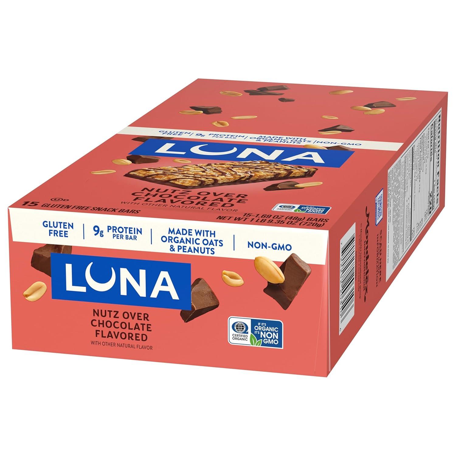 image:imageLUNA Bar Nutz Over Chocolate Flavor GlutenFree NonGMO 79g Protein Made with Organic Oats Low Glycemic Whole Nutrition Snack Bars 169 oz 15 Count15 Count Pack of 1