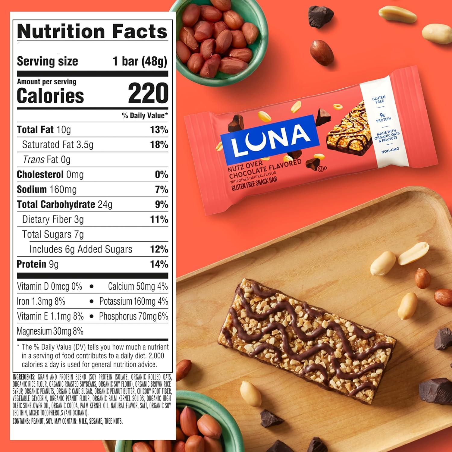 image:imageLUNA Bar Nutz Over Chocolate Flavor GlutenFree NonGMO 79g Protein Made with Organic Oats Low Glycemic Whole Nutrition Snack Bars 169 oz 15 Count15 Count Pack of 1