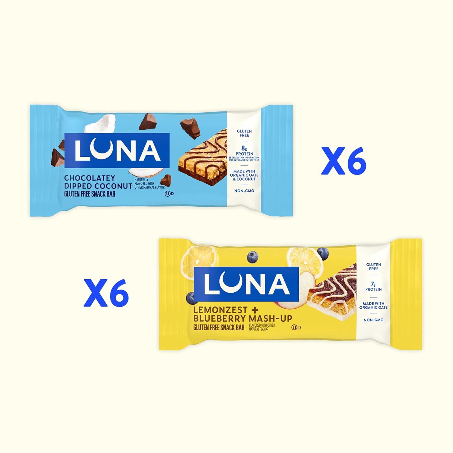 image:imageLUNA Bar Variety Pack 2 Flavors Gluten Free Snack Bars NonGMO Protein Bars Made with Organic Oats 12 Pack