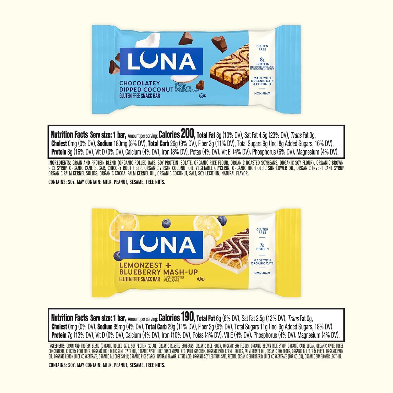 image:imageLUNA Bar Variety Pack 2 Flavors Gluten Free Snack Bars NonGMO Protein Bars Made with Organic Oats 12 Pack
