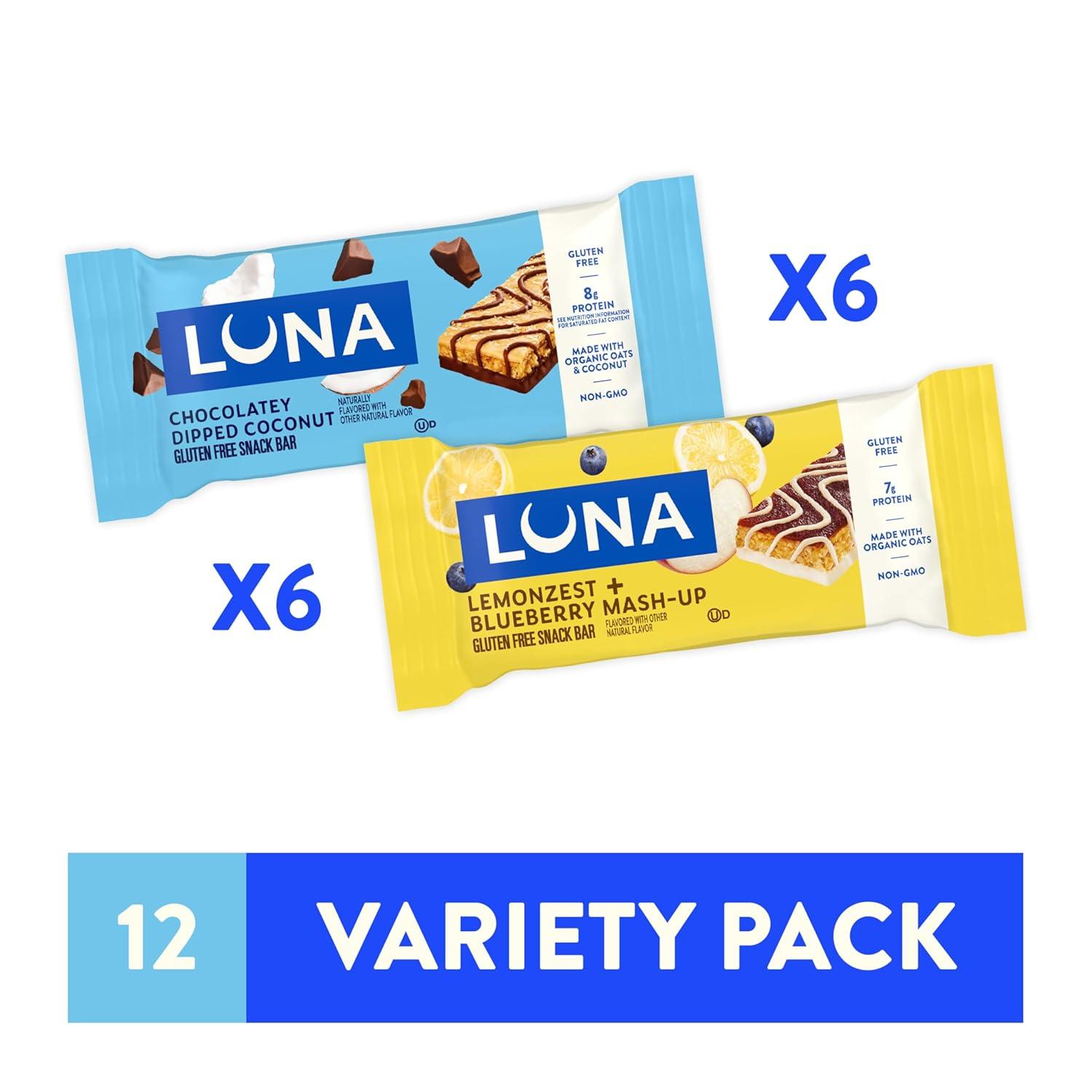 image:imageLUNA Bar Variety Pack 2 Flavors Gluten Free Snack Bars NonGMO Protein Bars Made with Organic Oats 12 Pack