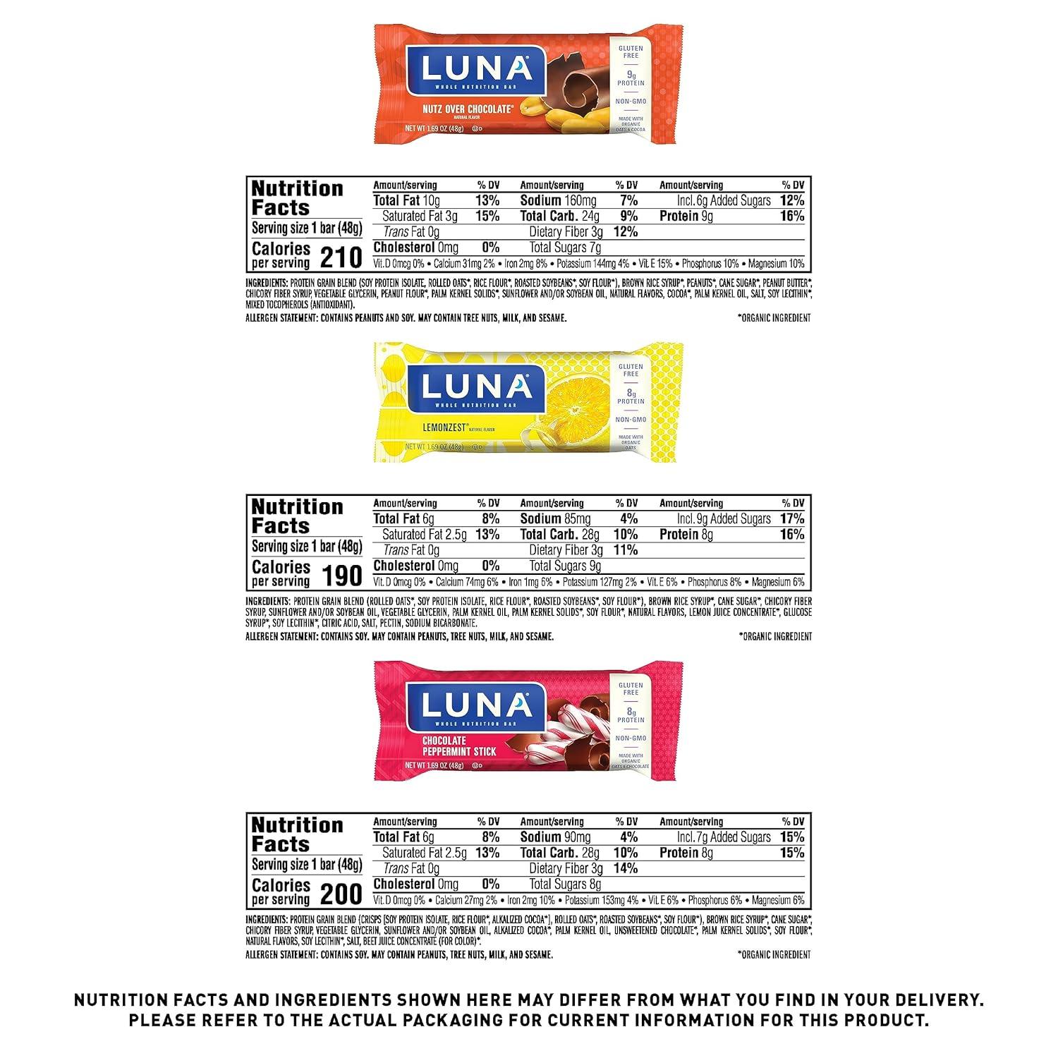 image:imageLUNA Bar Variety Pack 6 Flavors Gluten Free Snack Bars NonGMO Protein Bars Made with Organic Oats 12 PackVariety Pack 12ct