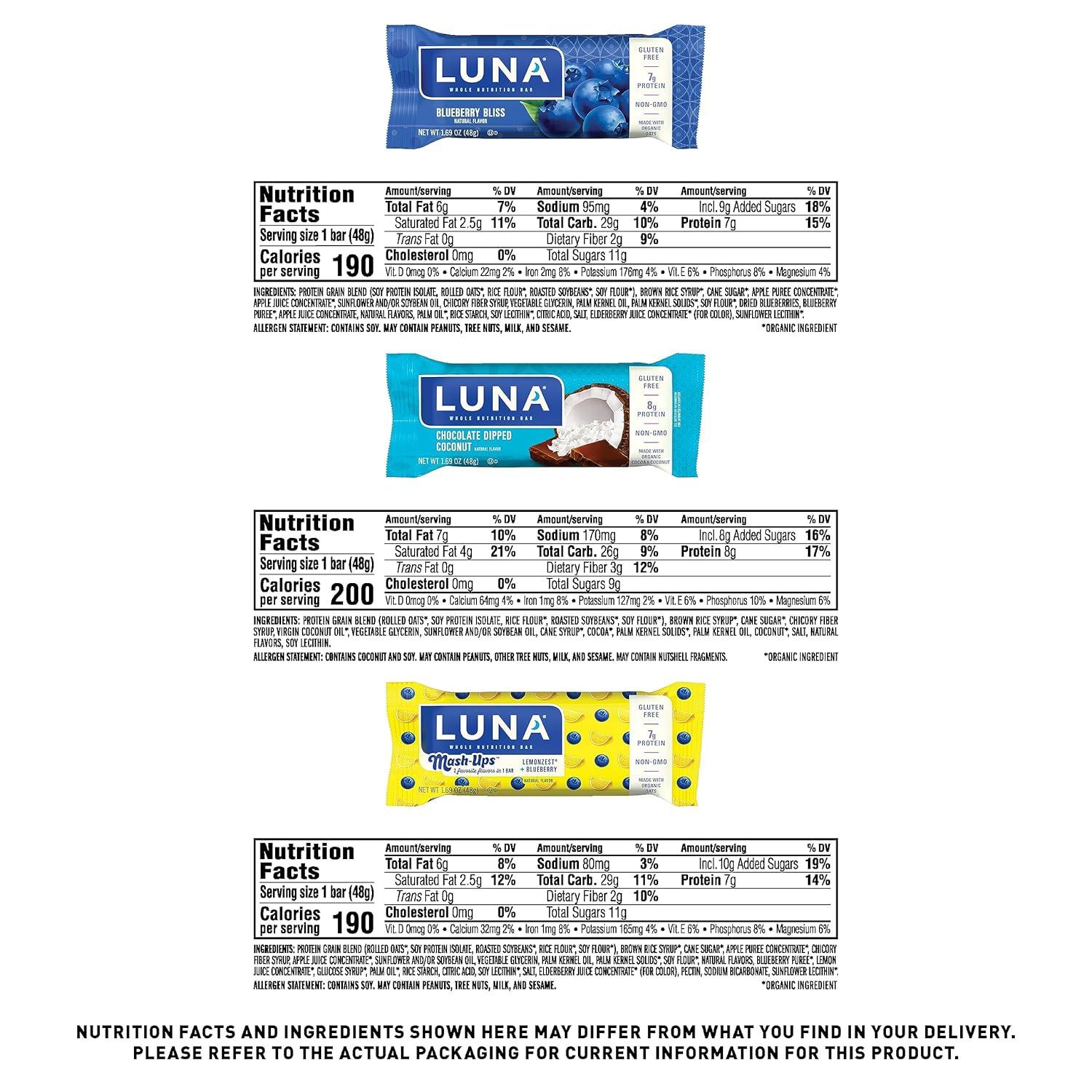 image:imageLUNA Bar Variety Pack 6 Flavors Gluten Free Snack Bars NonGMO Protein Bars Made with Organic Oats 12 PackVariety Pack 12ct