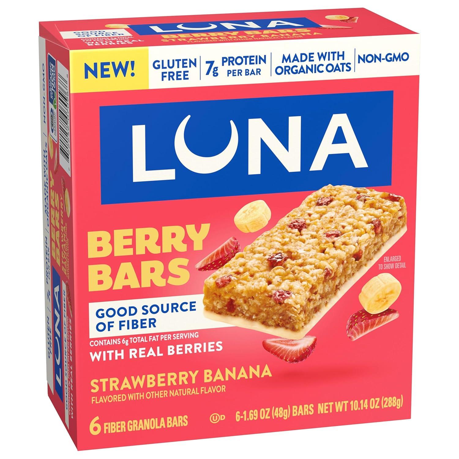 image:imageLUNA Berry Bars Strawberry Banana Flavor Fiber Granola Bars NonGMO Gluten Free Protein Bars Made with Organic Oats 6 PackStrawberry Banana