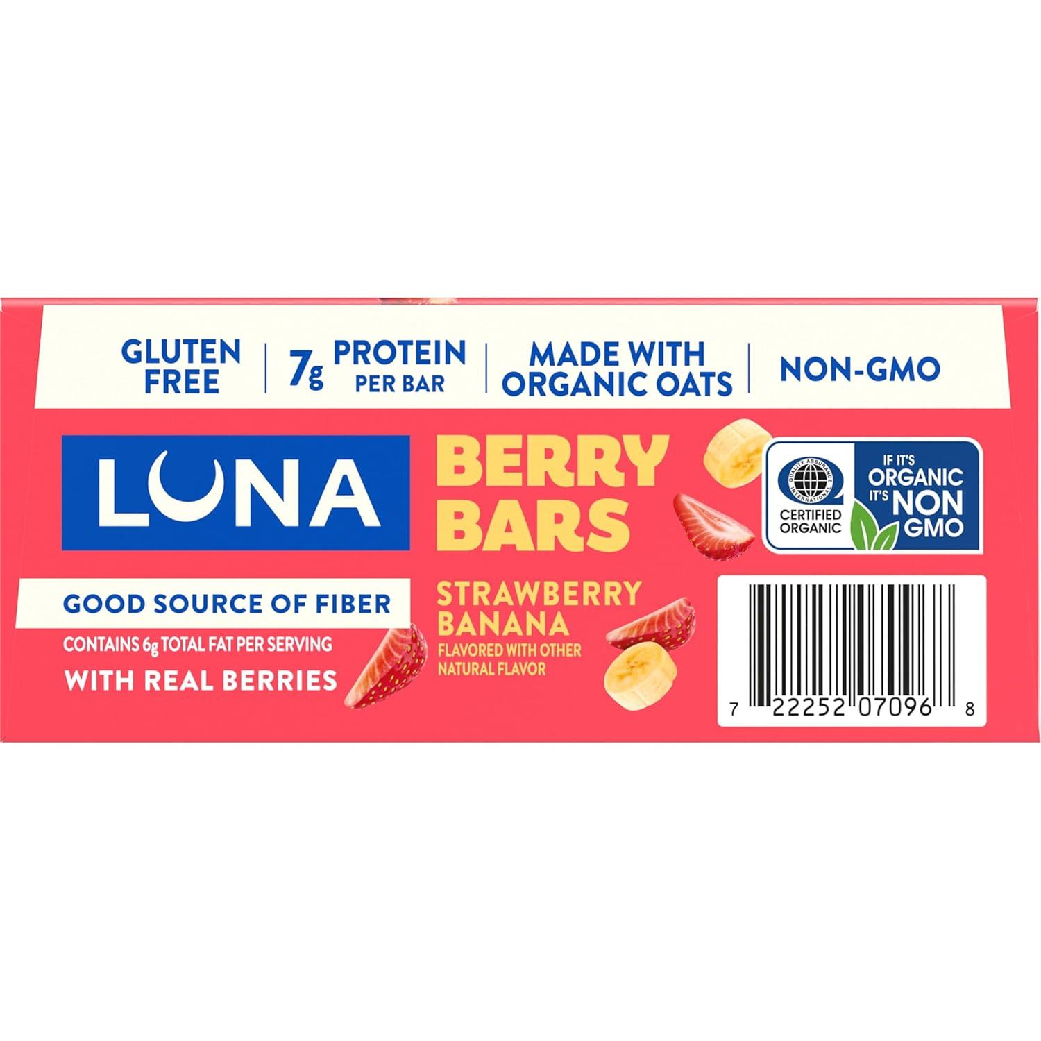 image:imageLUNA Berry Bars Strawberry Banana Flavor Fiber Granola Bars NonGMO Gluten Free Protein Bars Made with Organic Oats 6 PackStrawberry Banana