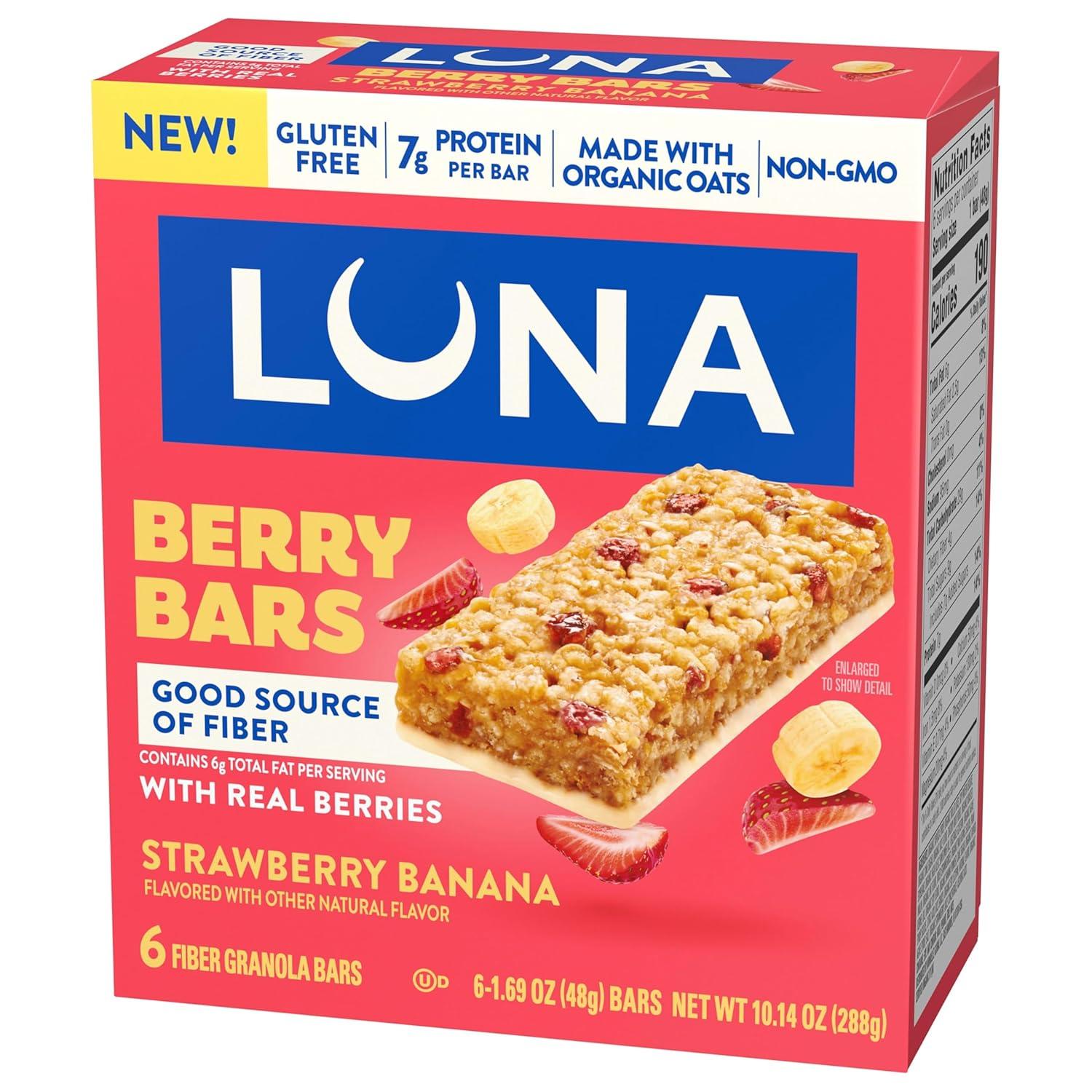 image:imageLUNA Berry Bars Strawberry Banana Flavor Fiber Granola Bars NonGMO Gluten Free Protein Bars Made with Organic Oats 6 PackStrawberry Banana