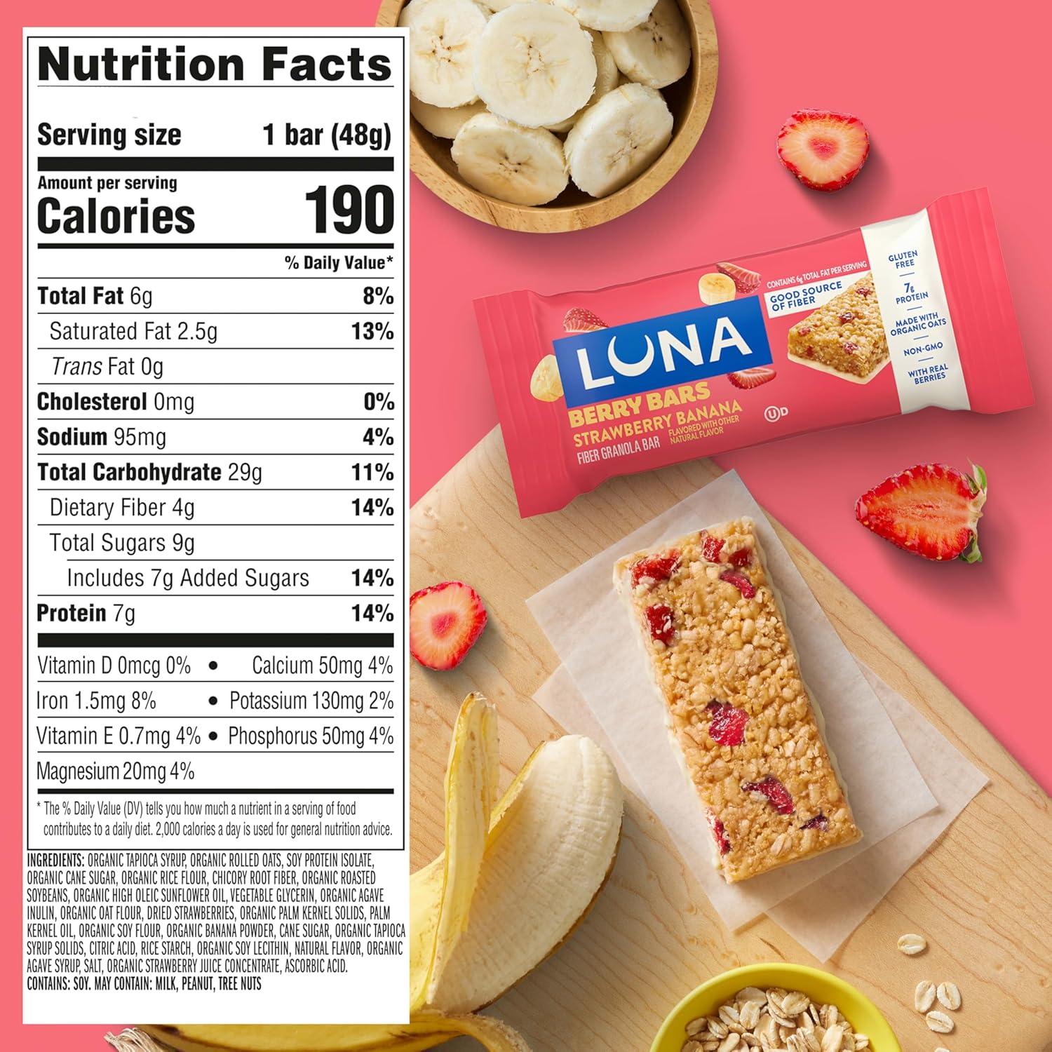 image:imageLUNA Berry Bars Strawberry Banana Flavor Fiber Granola Bars NonGMO Gluten Free Protein Bars Made with Organic Oats 6 PackStrawberry Banana