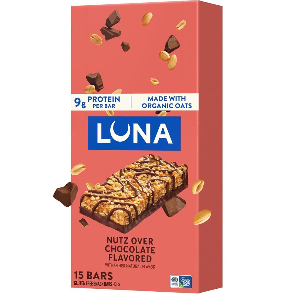 image:imageLUNA Bar Nutz Over Chocolate Flavor GlutenFree NonGMO 79g Protein Made with Organic Oats Low Glycemic Whole Nutrition Snack Bars 169 oz 15 Count15 Count Pack of 1