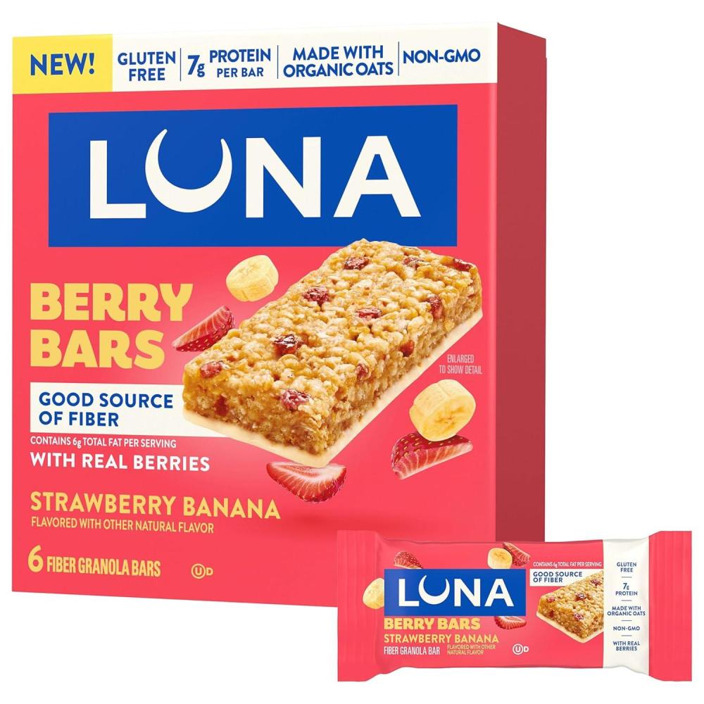 image:imageLUNA Berry Bars Strawberry Banana Flavor Fiber Granola Bars NonGMO Gluten Free Protein Bars Made with Organic Oats 6 PackStrawberry Banana