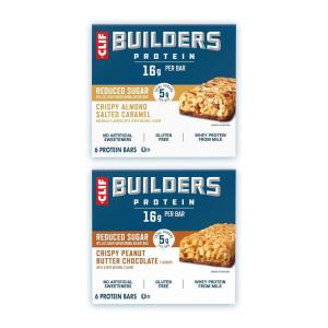 image:imageCLIF BUILDERS Protein Bars  Crispy Almond Salted Caramel and Crispy Peanut Butter Chocolate Variety Pack  Reduced Sugar  Gluten Free  16g Protein  No Artificial Sweeteners  197 oz 12 Count