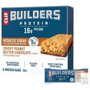 image:imageCLIF BUILDERS Protein Bars  Crispy Peanut Butter Chocolate Flavored  Reduced Sugar  Gluten Free  16g Protein  No Artificial Sweeteners  197 oz 6 PackPeanut Butter