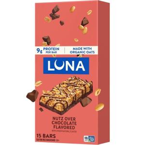 image:imageLUNA Bar  Nutz Over Chocolate Flavor  GlutenFree  NonGMO  79g Protein  Made with Organic Oats  Low Glycemic  Whole Nutrition Snack Bars  169 oz 15 Count15 Count Pack of 1
